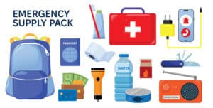 Emergency disaster evacuation supply pack. Set of objects food, medicines, hygiene stuff, and identity documents. Survival kit objects.