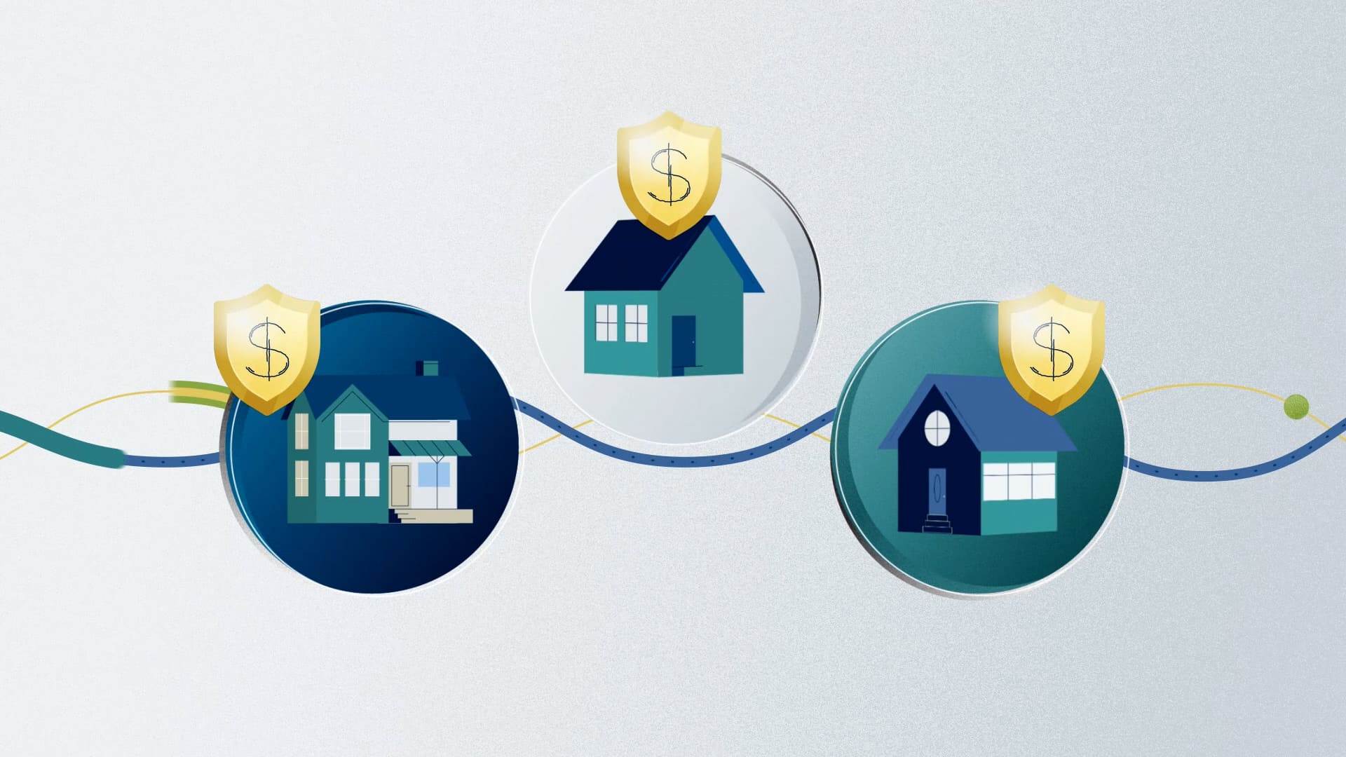 Three illustrated homes with gold shields