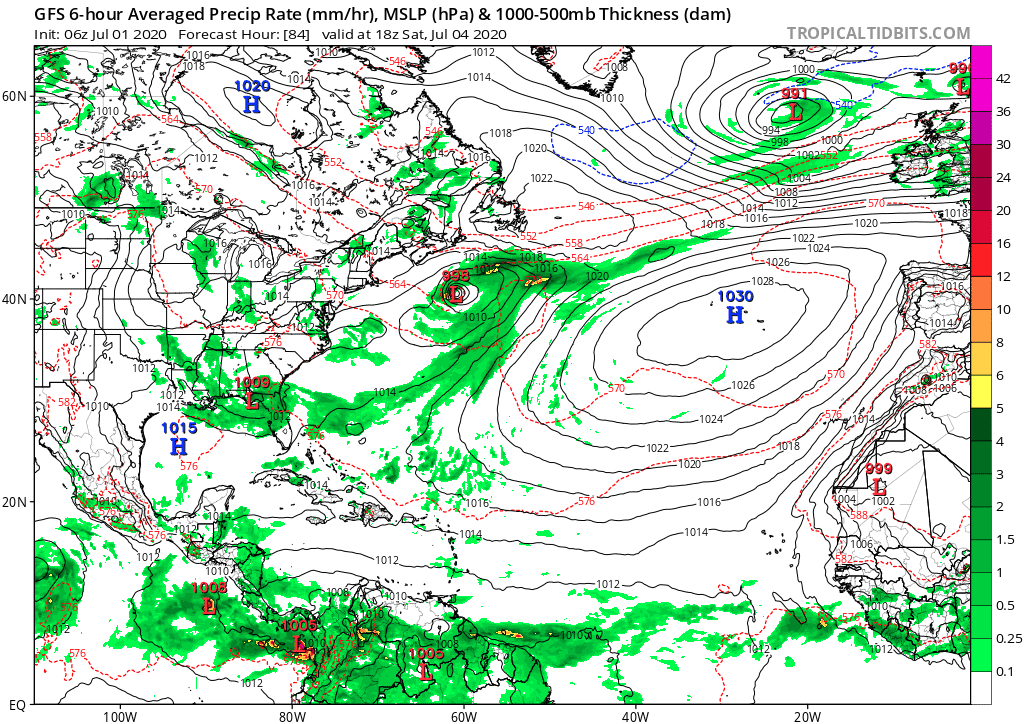 GFS 6-hour Averaged Precip Rate (mm/hr), MSLP (hPa) & 1000-500mb Thickness (dam) - 7/4/2020